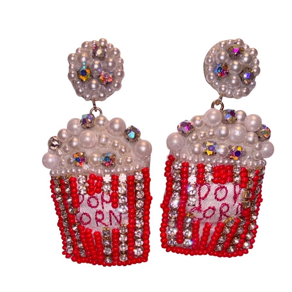 New Popcorn Beaded Drop Earrings Womens OS Red White Excellent‎ Statement